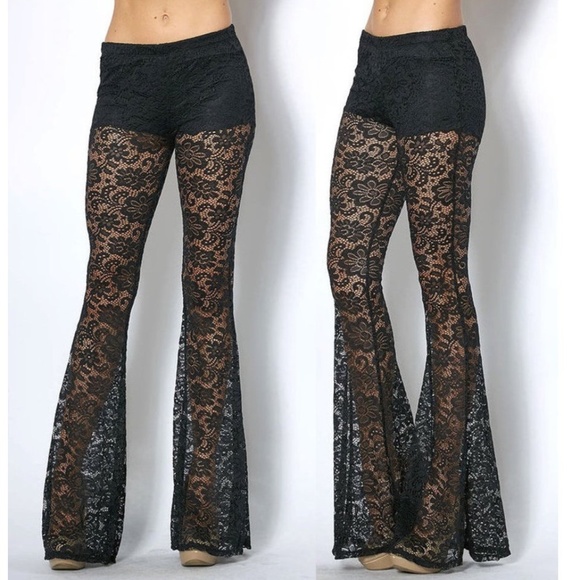 Pants - Black Crochet Lace Boho Bell Flare Pants Leggings